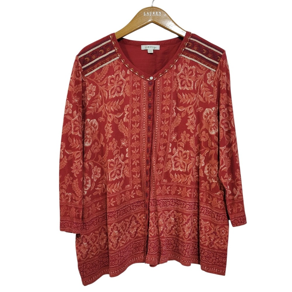 Orvis Floral Top Womens Large Red Shell Buttons 3/4 Sleeve Boho